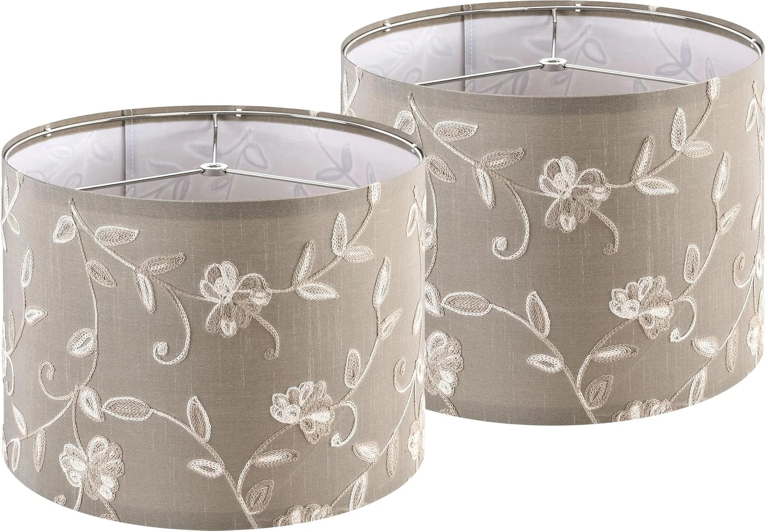 New Arrivals Fabric Drum Lamp Shade with Embroidered Leaf Trim 13 Top x 13 Bottom x 10 High (Spider) Set of 2 Medium Lamp - Image 2