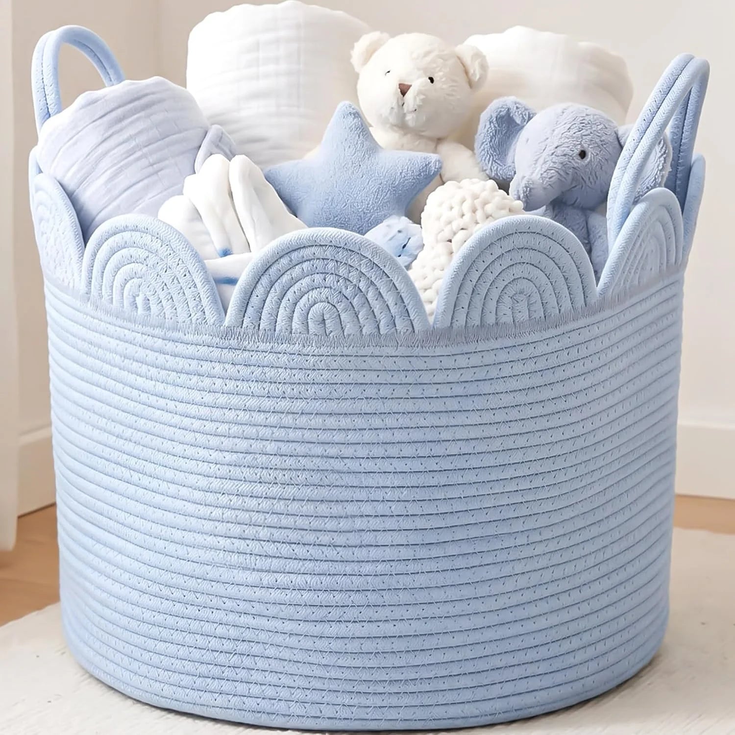 Woven Basket Brown, 16 L X 16 W X 14 H, Large Storage for Blankets Toys Laundry, Cotton Rope Scalloped Edge bifanuoyard