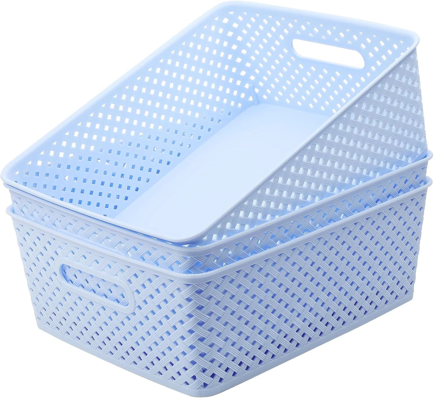 3 Pack Plastic Storage Baskets, Large, Grey, Durable Woven Plastic with Built-In Handles bifanuoyard
