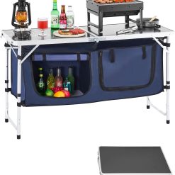 New Arrivals Camping Kitchen Station, 3 Adjustable Height Folding Outdoor Camp Cooking Table with Storage Organizer