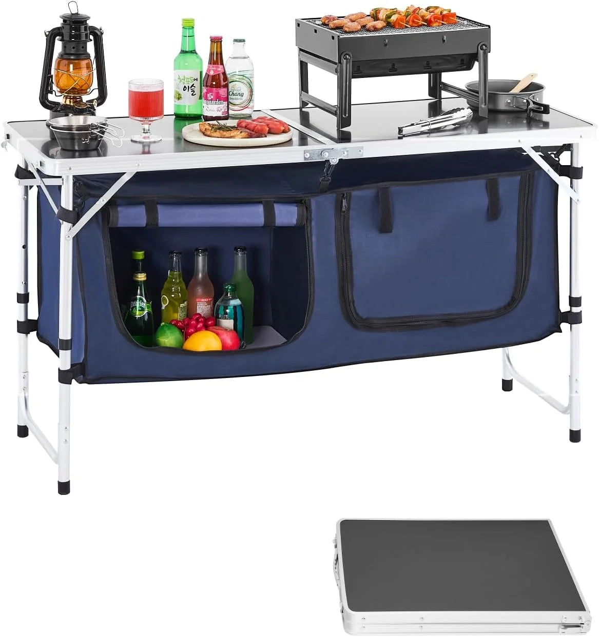 New Arrivals Camping Kitchen Station, 3 Adjustable Height Folding Outdoor Camp Cooking Table with Storage Organizer