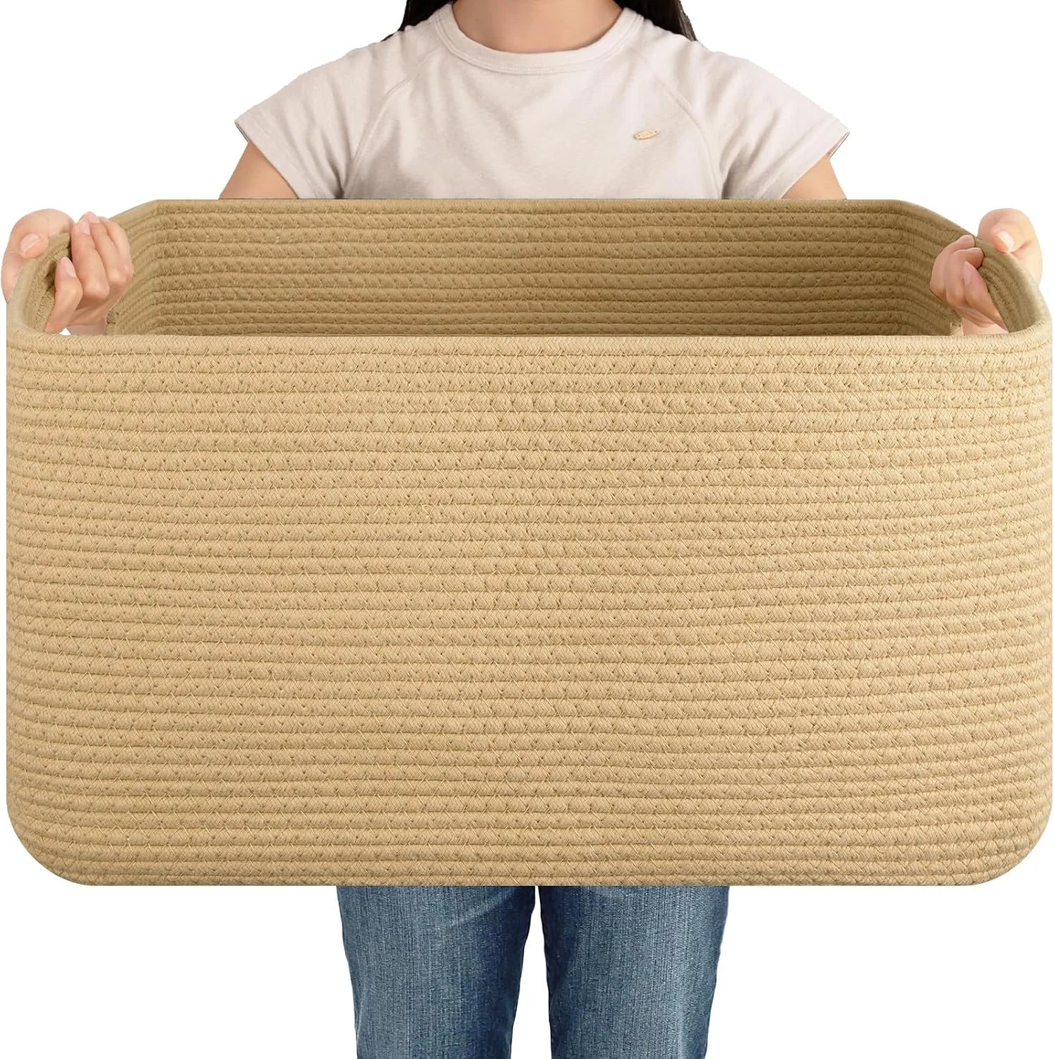 Large Blanket Basket, Storage Baskets with Handle, Rectangle Woven Cotton Rope Basket, Toy Organizer Bins, 22 x bifanuoyard - Image 17