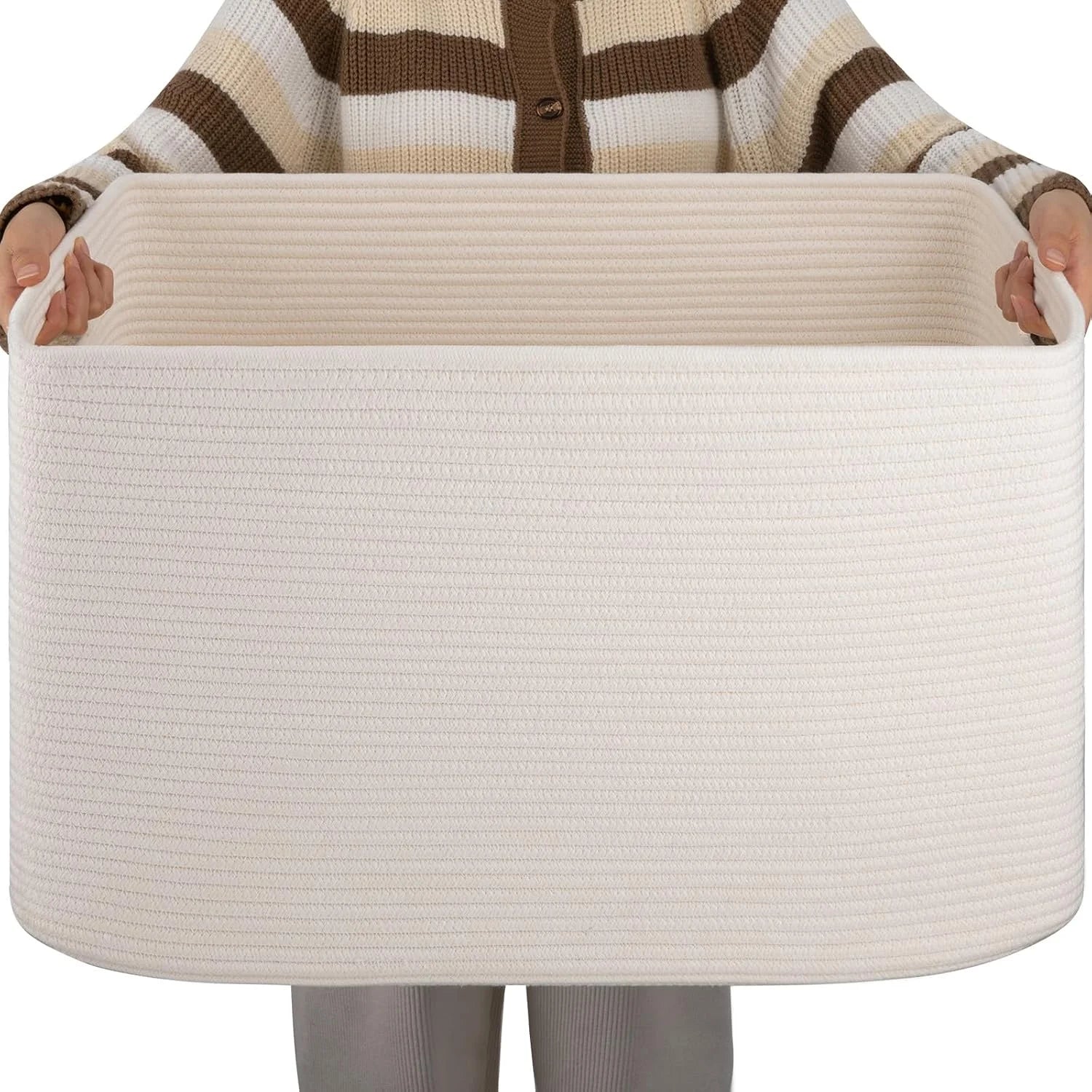 Large Blanket Basket, Storage Baskets with Handle, Rectangle Woven Cotton Rope Basket, Toy Organizer Bins, 22 x bifanuoyard - Image 6