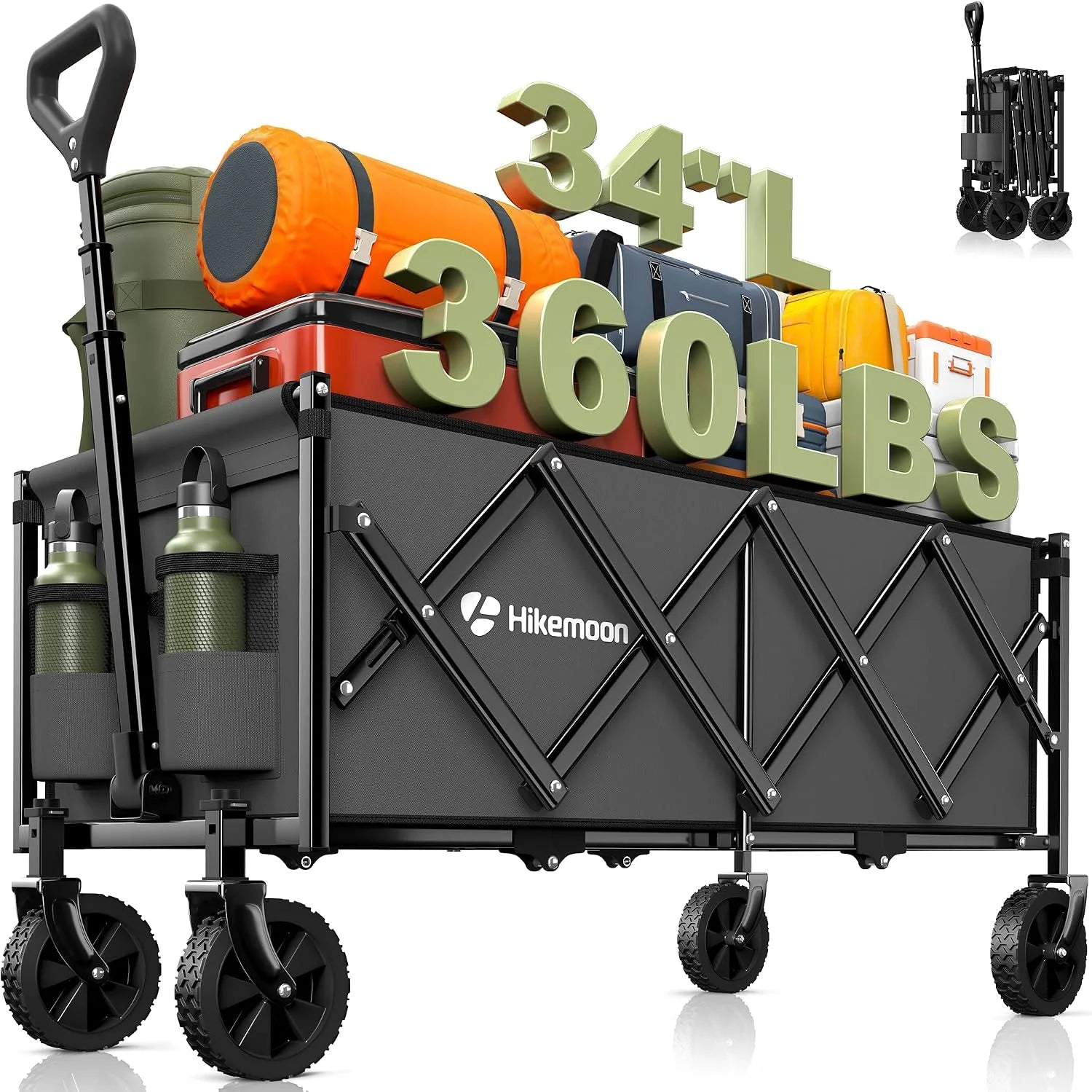 New Arrivals 34” Extra Long Folding Portable Wagon Cart, 120L 360LBS Black, Heavy Duty