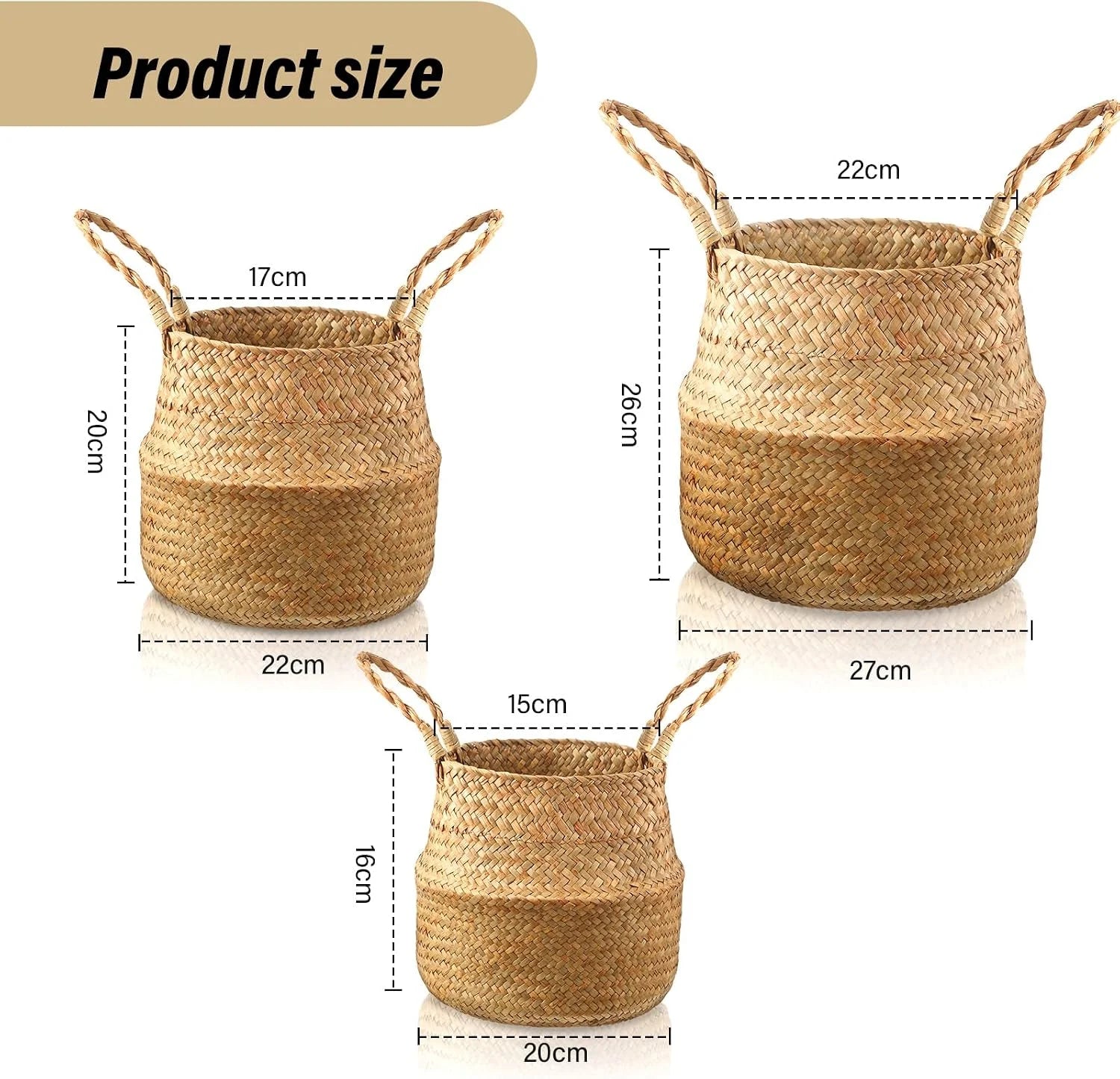 Woven Seagrass Belly Basket with Handles, Natural Color, Foldable Rattan Storage Bins for Plant Pot Holder - Image 3
