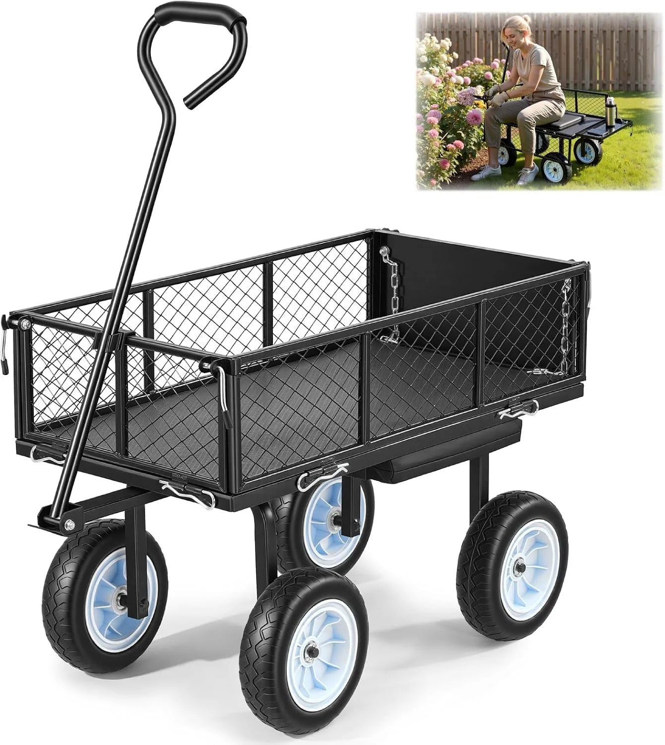 New Arrivals VEVOR 500 LBS Steel Garden Cart with Work Seat, Heavy Duty Garden Wagon Cart on Wheels - Image 2