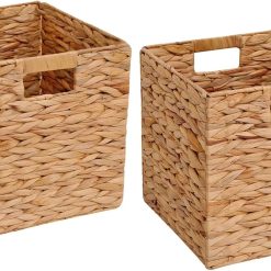 Storage Basket Set of 2 Foldable Hyacinth Storage Box, Handmade Woven Basket for Closet, Shelf Organization