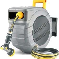 GLAHODEN Retractable Garden Hose Reel 5/8 in x 65 ft, 2025 Upgraded Dual Ratchet Lock UV & Freeze Protection Brass Seal bifanuoyard
