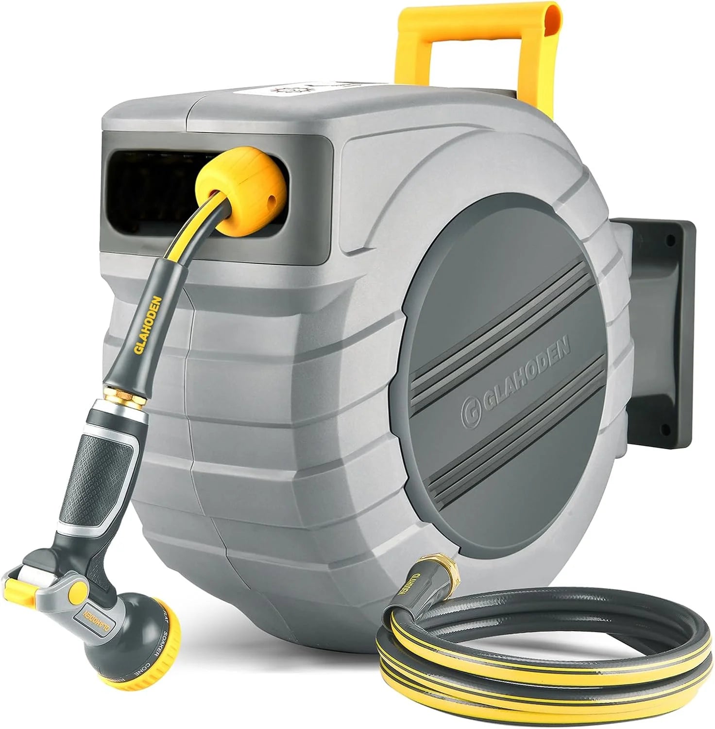 GLAHODEN Retractable Garden Hose Reel 5/8 in x 65 ft, 2025 Upgraded Dual Ratchet Lock UV & Freeze Protection Brass Seal bifanuoyard