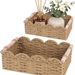 Alternative view of New Arrivals Storage Organizing Baskets, Set of 2 Scalloped Edge Wicker Basket with Wooden Handles Toilet Paper