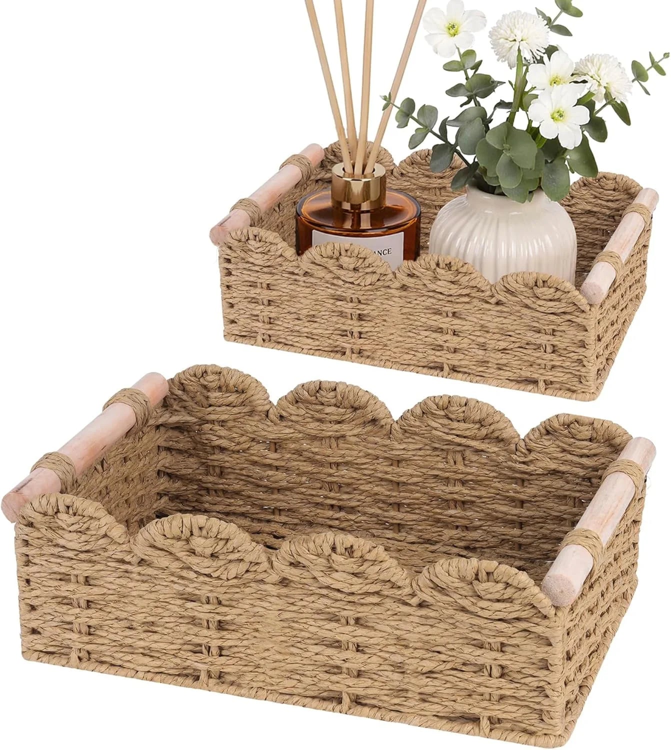 New Arrivals Storage Organizing Baskets, Set of 2 Scalloped Edge Wicker Basket with Wooden Handles Toilet Paper - Image 2