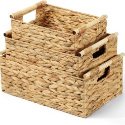 Alternative view of Storage Baskets for Organizing 3 Pack, Natural Water Hyacinth Ratten Baskets with Wooden Handles, Decorative