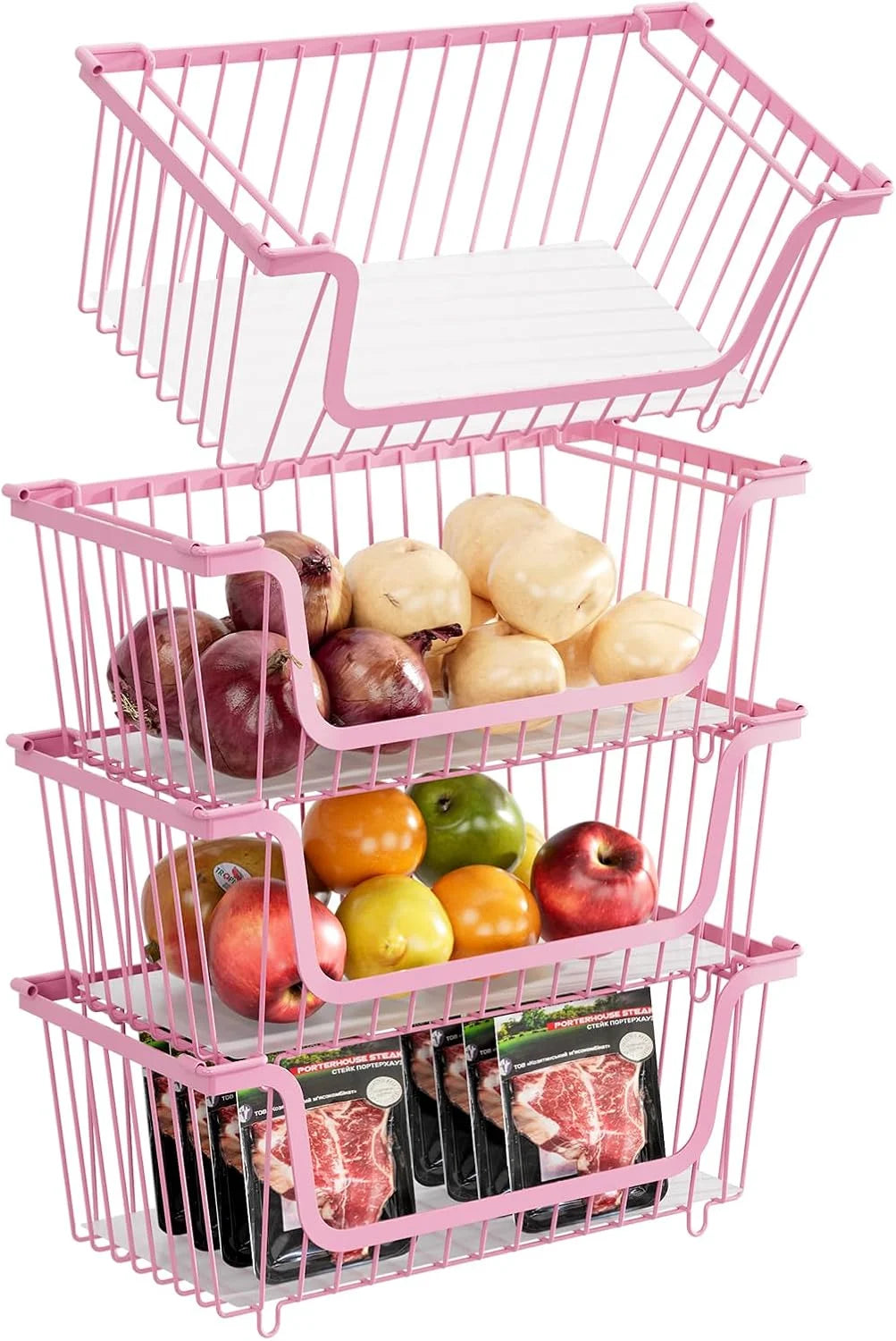 Stackable Wire Baskets Pantry Organizers and Storage Bins, Black, Breathable Metal Design with Rotating - Image 7