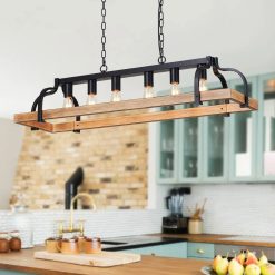 Alternative view of New Arrivals 5-Light Metal Chandelier Imitation Wood Grain Linear Pendant Ceiling Lighting Rustic Farmhouse Fixture Kitchen