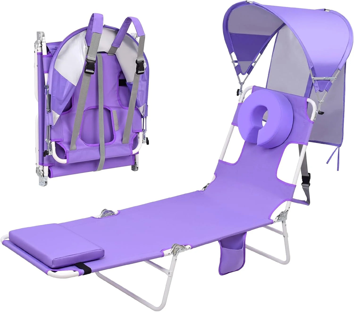 New Arrivals Beach Tanning Lounge Chair with Canopy Shade Face Hole Padded Adjustable Washable, 6 Position Layout Chair - Image 3