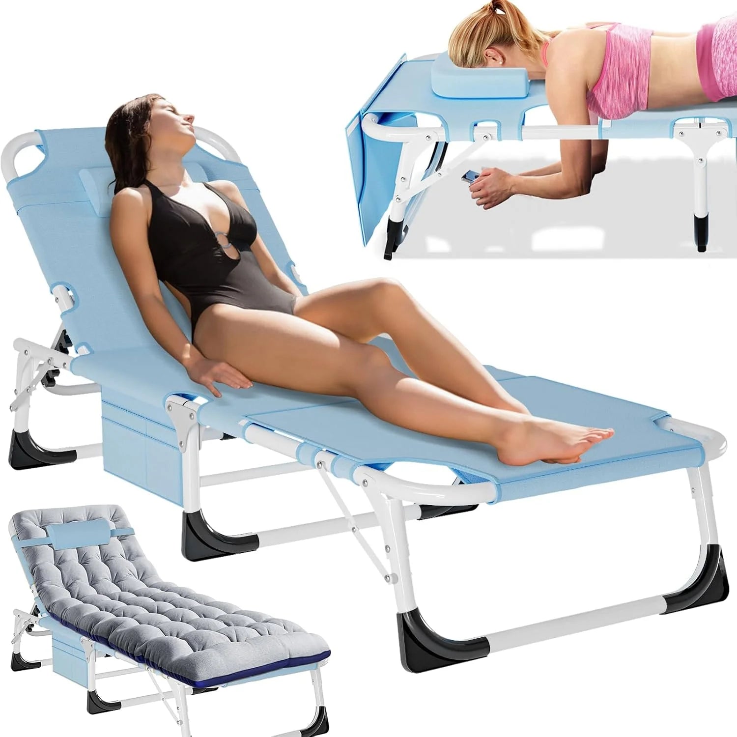 New Arrivals Folding Lounge Chair 5-Position, Folding Cot, Portable Outdoor Chaise Lounge Chair for Sun Tanning - Image 3