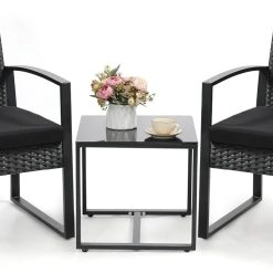 Murago Outdoor 3-Piece Wicker Bistro Set, Patio Conversation Set, 2 chairs with Coffee Table bifanuoyard