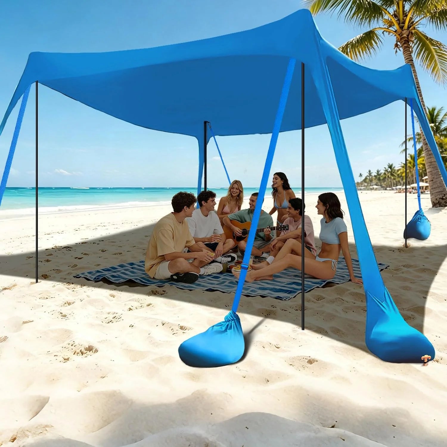 New Arrivals Beach Tent Sun Shelter 10x10FT Beach Shade Canopy with 8 Sandbags, UPF 50+ Protection Beach Shade Canopy