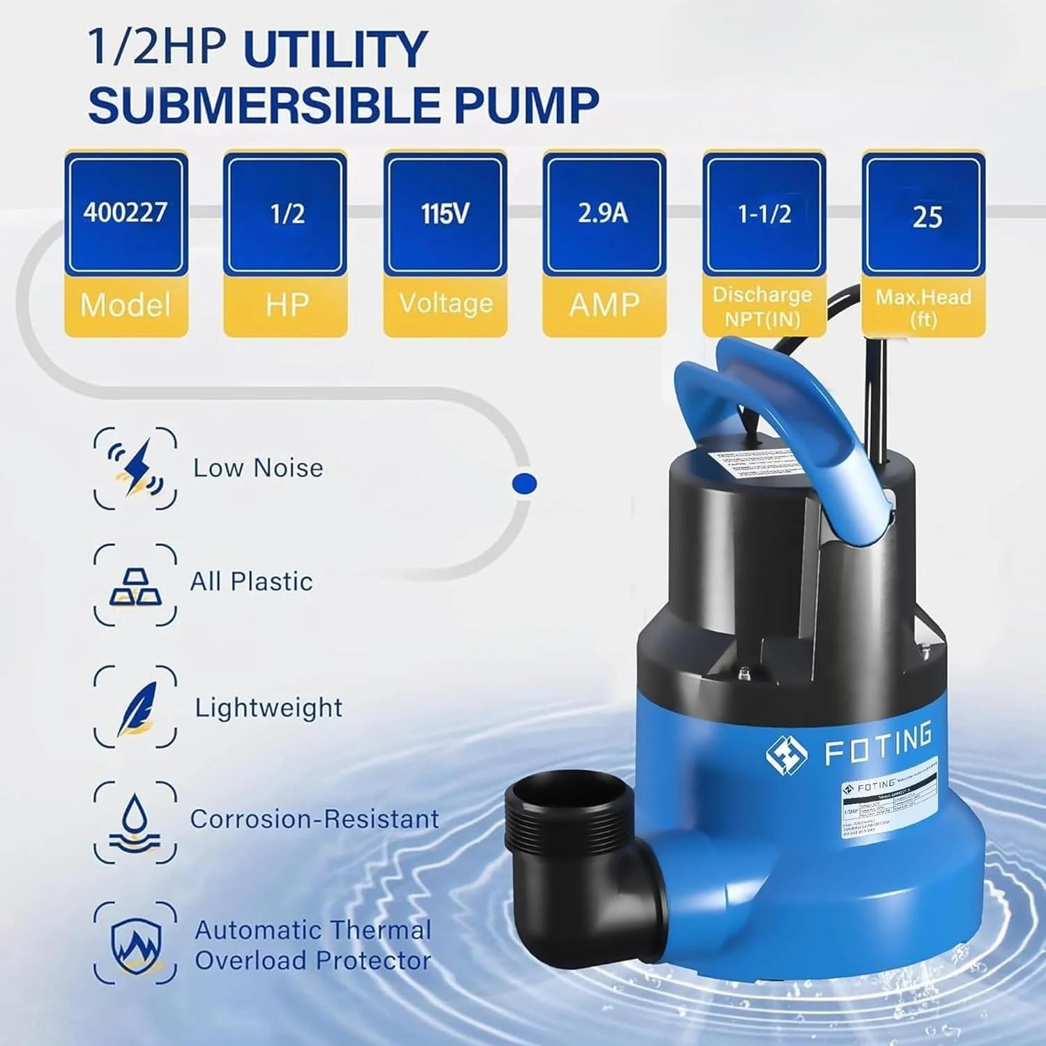 New Arrivals 1/2HP Submersible Water Pump with Stainless Steel Base, Removes Water to 0.04 Depth, 2450GPH Portable Sump Pump - Image 5