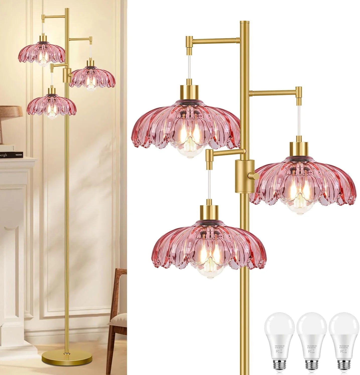 ZECOXOL Vintage Floor Lamp for Living Room Bedroom-3 Light Glass Floor Lamp with Three Led Bulb bifanuoyard - Image 14