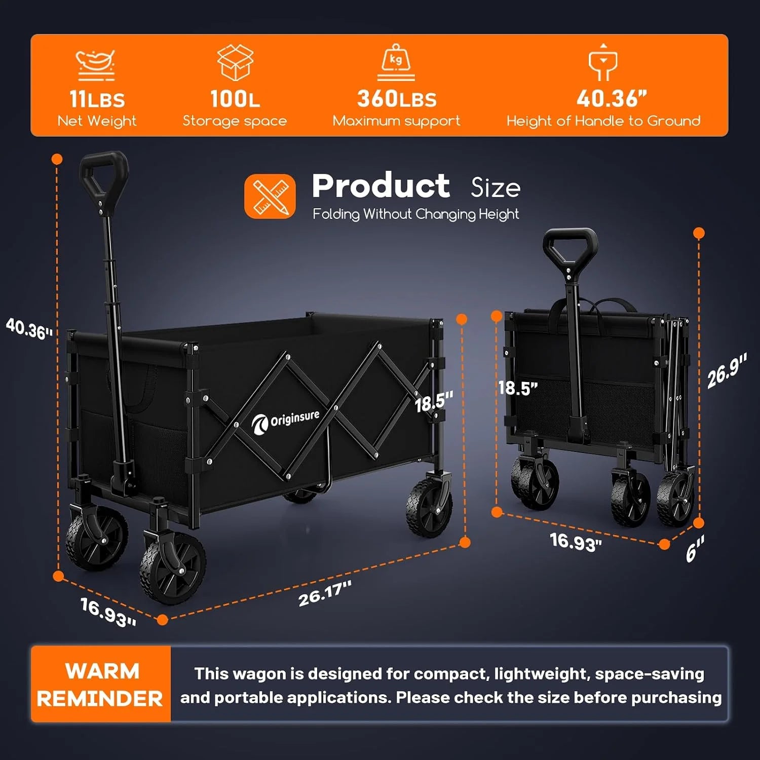 New Arrivals 100L Portable Collapsible Wagon Cart, 360lbs Heavy Duty, Black - Image 4