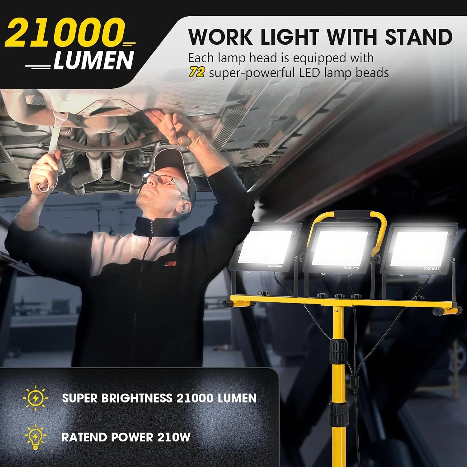 New Arrivals 21000Lumen LED Work Lights with Stand, 3 Head Portable Work Light with 16FT Cord, IP66 Waterproof Tripod - Image 4