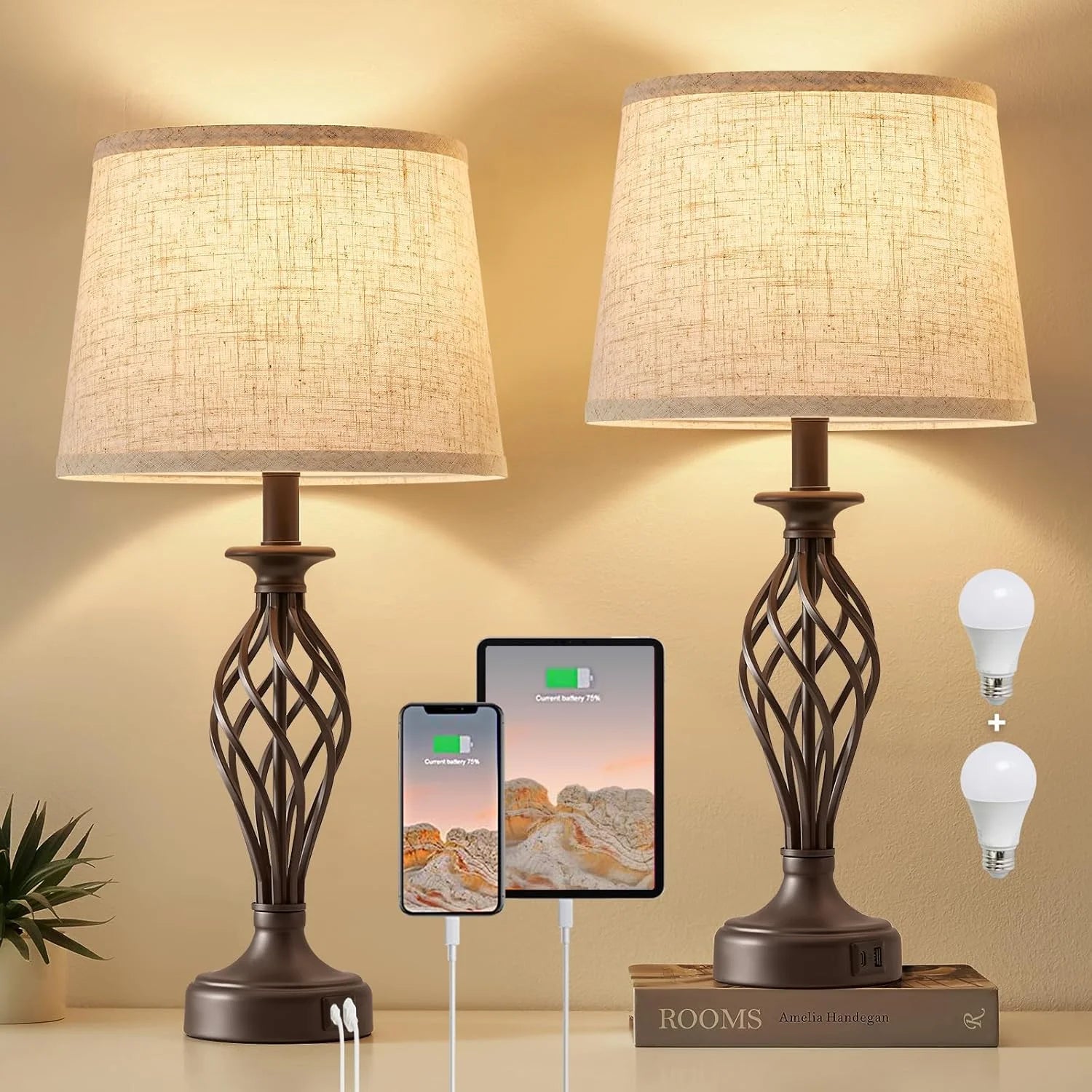 New Arrivals Lamp for Bedroom Set of 2 with USB C+A Ports, Bulb Included, Modern Bedside Lamps with Spiral Cage Base - Image 4
