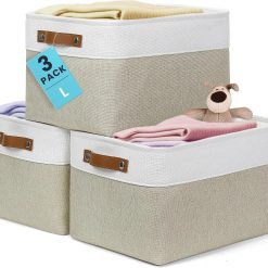 New Arrivals Baskets 3 Pack, Fabric Bins for Shelves, Vegan leather handles