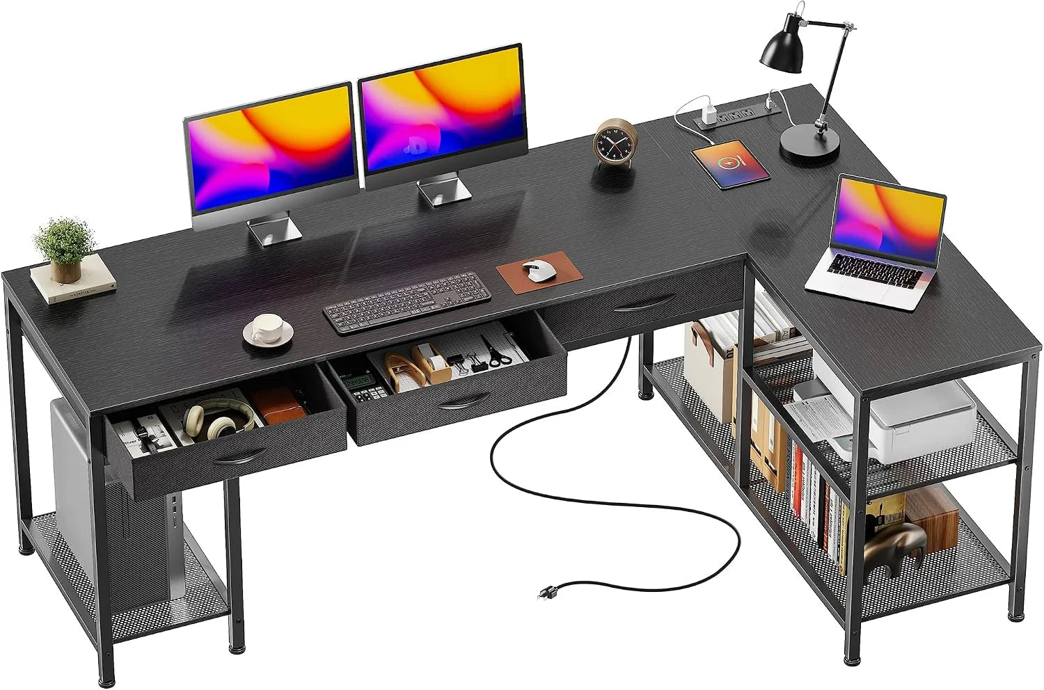 New Arrivals 55 Inch L Shaped Office Desk with Power Outlets and Type-C Port, Large Computer Gaming Desk with 3 Fabric - Image 2