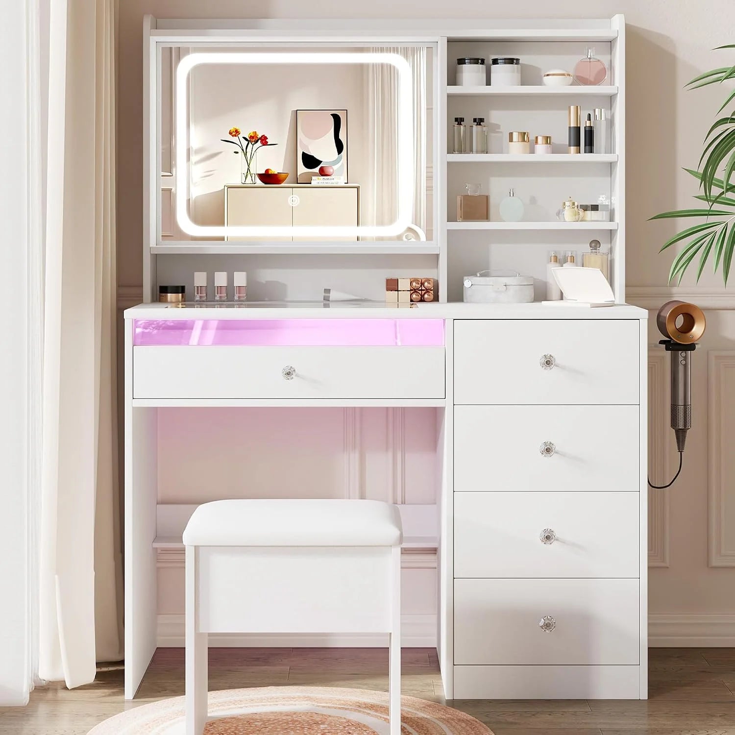 New Arrivals White Makeup Vanity Desk with Charging Station & 4 Drawers, Smart LED Mirror