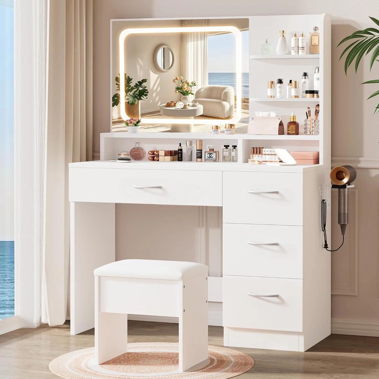 New Arrivals White Makeup Vanity Desk with Charging Station & 4 Drawers, Smart LED Mirror - Image 4