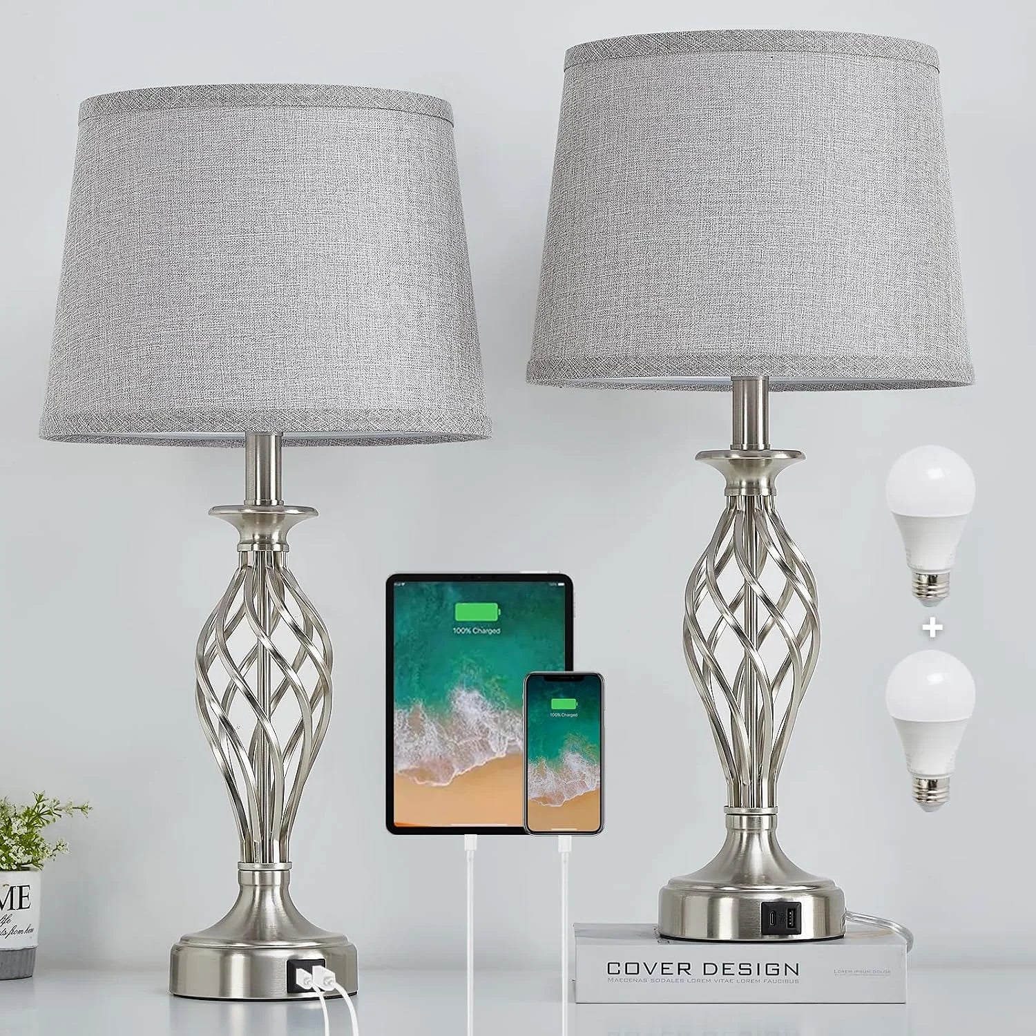 New Arrivals Lamp for Bedroom Set of 2 with USB C+A Ports, Bulb Included, Modern Bedside Lamps with Spiral Cage Base - Image 5