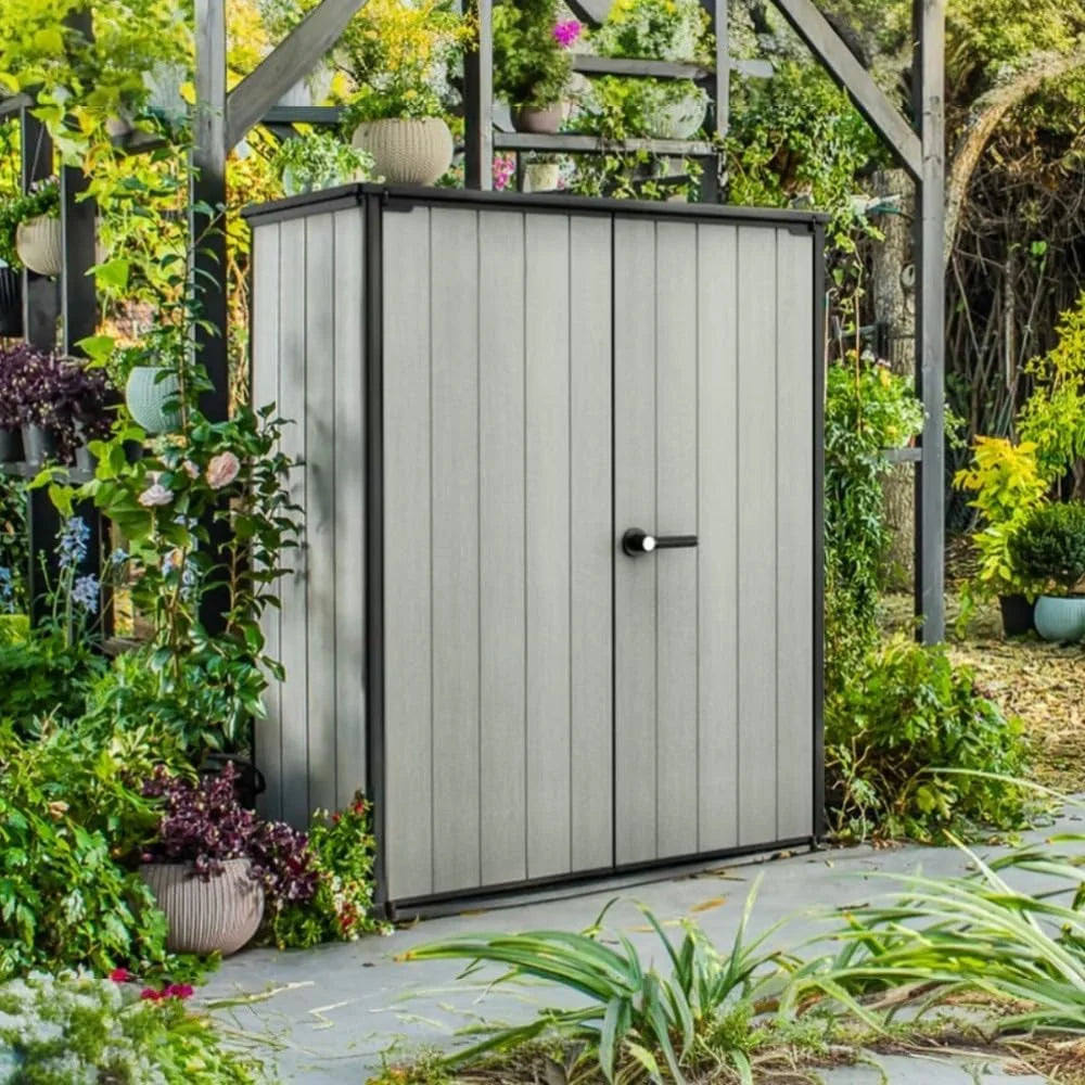 New Arrivals Premier Tall 4.6x5.6 ft Resin Outdoor Storage Shed, Backyard Garden Shed with Shelving Brackets for Tools