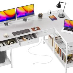 New Arrivals 55 Inch L Shaped Office Desk with Power Outlets and Type-C Port, Large Computer Gaming Desk with 3 Fabric