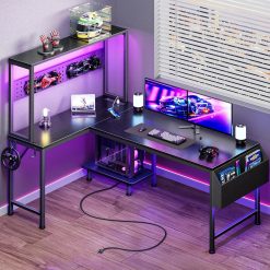 New Arrivals L Shaped Gaming Desk with LED Lights & Power Outlets, Reversible Computer Desk with Storage Shelves & Bag