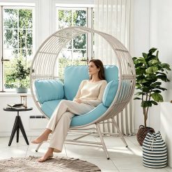 Alternative view of Bifanuo Oversized Egg Chair for Indoor Outdoor Use – Rattan Hanging Basket Chair with Thickened Cushion Supports 350 LBS – Wicker Patio Lounge Chair for Balcony Porch Living Room Backyard (Blue)