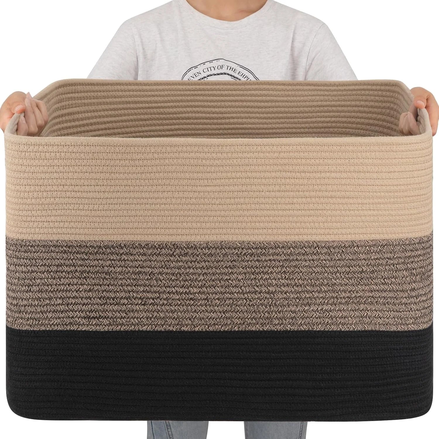 New Arrivals Blanket Basket, 25”x16”x16”(108L) Rectangle Woven Storage Baskets, Cotton Rope Basket For Living Room - Image 6