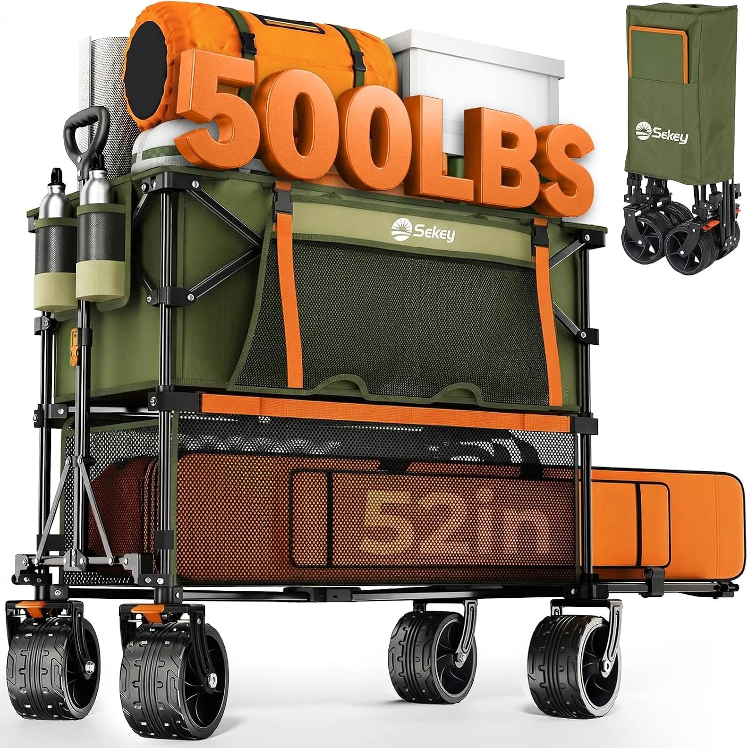 Sekey Double Decker Wagon, 500LBS Heavy Duty Collapsible Utility Cart with 400L Capacity & Extended Lower Shelf - Image 8
