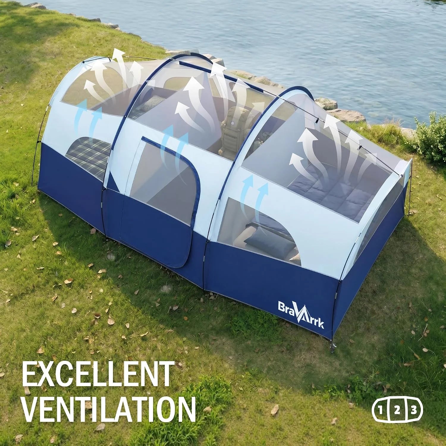 Camping Tent for 8 Person, PU3000MM Waterproof Family Tent with Rainfly, Large Roomy 3 Room Camping Tents - Image 4