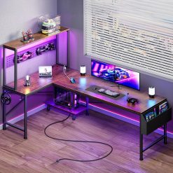 Alternative view of New Arrivals L Shaped Gaming Desk with LED Lights & Power Outlets, Reversible Computer Desk with Storage Shelves & Bag