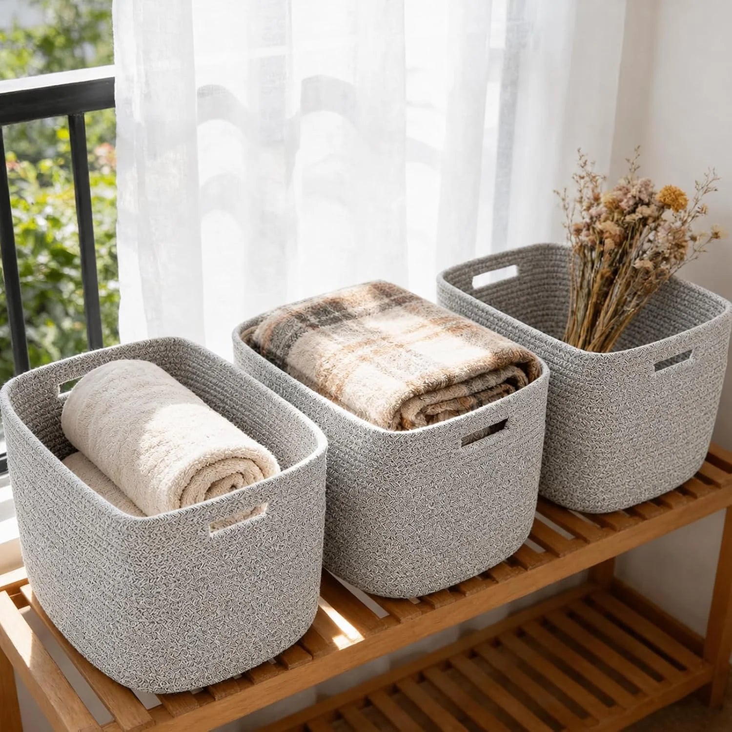 New Arrivals Woven Baskets, Storage Baskets for Shelves with Handles, 13.5×11×9.5 Closet Baskets, Nursery Organizer - Image 5