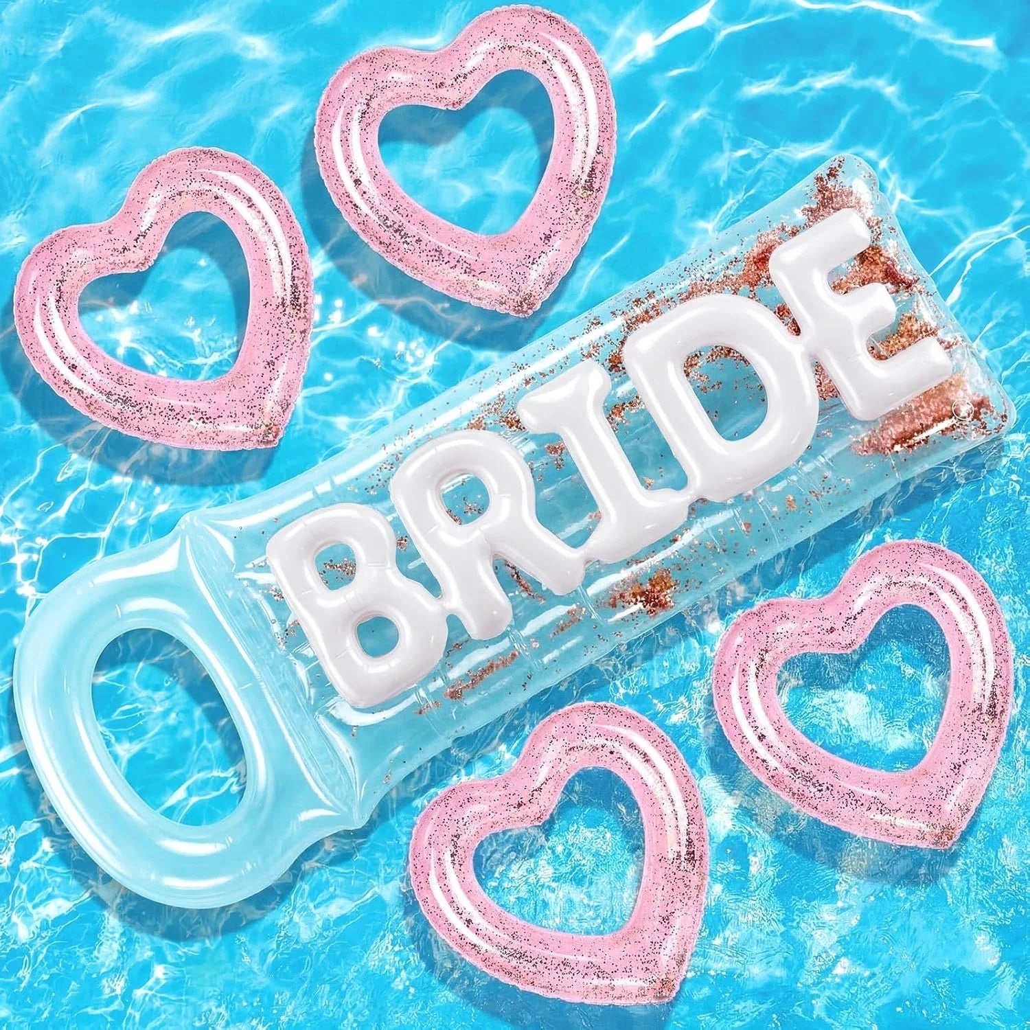 5 Pcs Bachelorette Pool Floats Set, Bride Pool Party Decor: 72 Glitter Bride Raft Lounger & 4 Heart Swim Rings bifanuoyard
