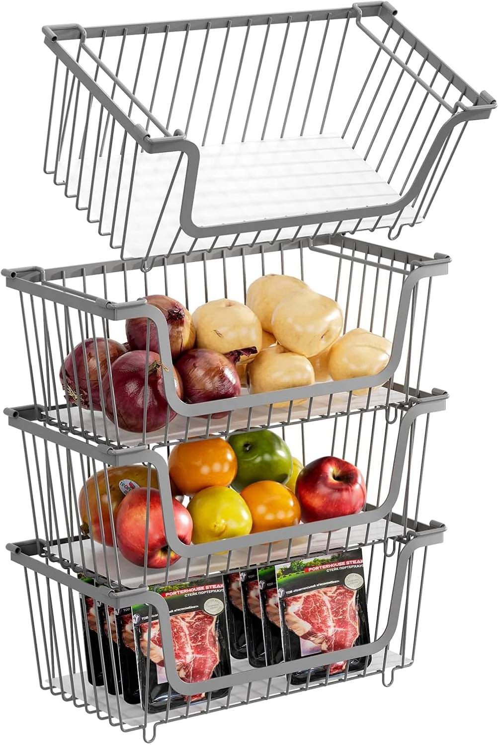 Stackable Wire Baskets Pantry Organizers and Storage Bins, Black, Breathable Metal Design with Rotating - Image 6
