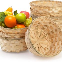 New Arrivals Round Gift Baskets, 8 Inch Natural Bamboo Woven Fruit Basket, Small Wicker Bread Roll Serving Basket, Food