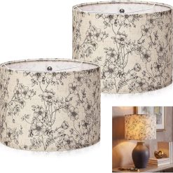 2 Pack Chinoiserie Drum Lamp Shade 13 x 13 x 10 Inch Cream Linen Lampshade with Exquisite Bird Floral Lining