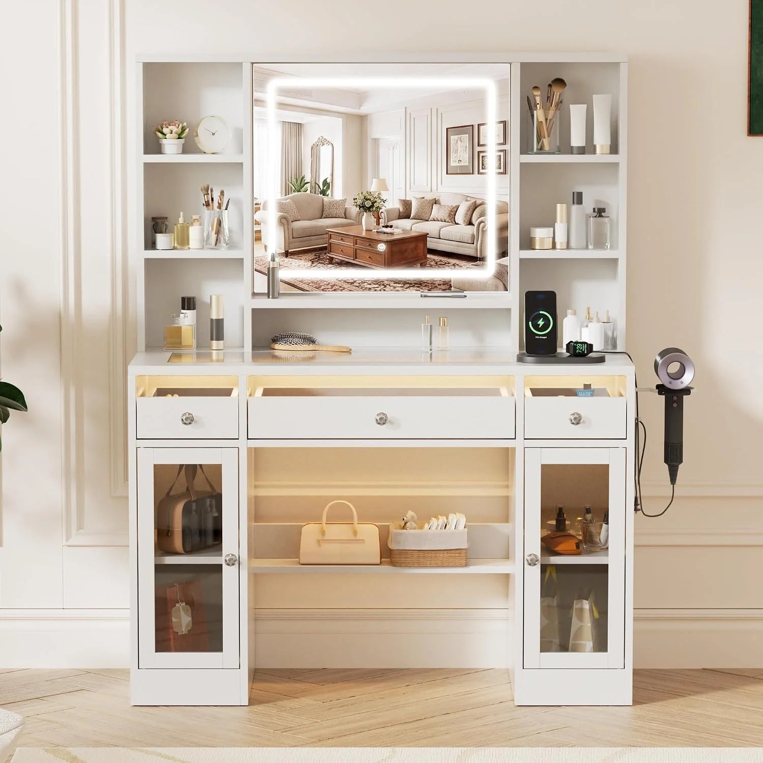 New Arrivals 43 Large White Makeup Vanity Desk with Charging Station, Smart LED Mirror, 7 Drawers, 4 Shelves - Image 3
