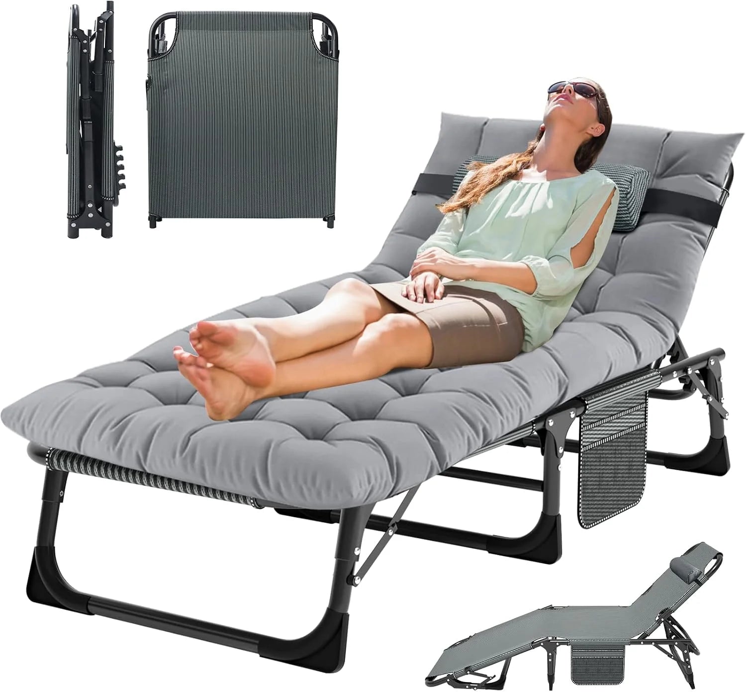 New Arrivals Folding Lounge Chair 5-Position, Folding Cot, Portable Outdoor Chaise Lounge Chair for Sun Tanning