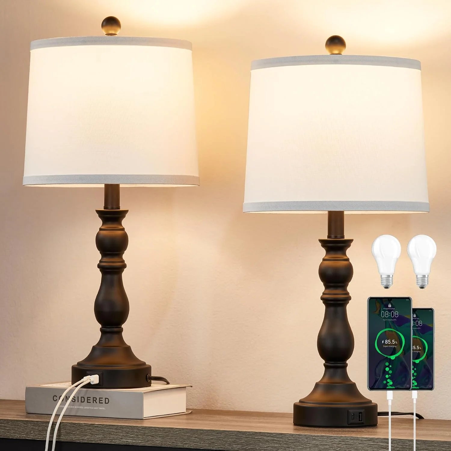New Arrivals 23” Farmhouse Table Lamps for Living Room Set of 2 with USB C+A Ports, 3-Color Temperature, Bulb Included - Image 4