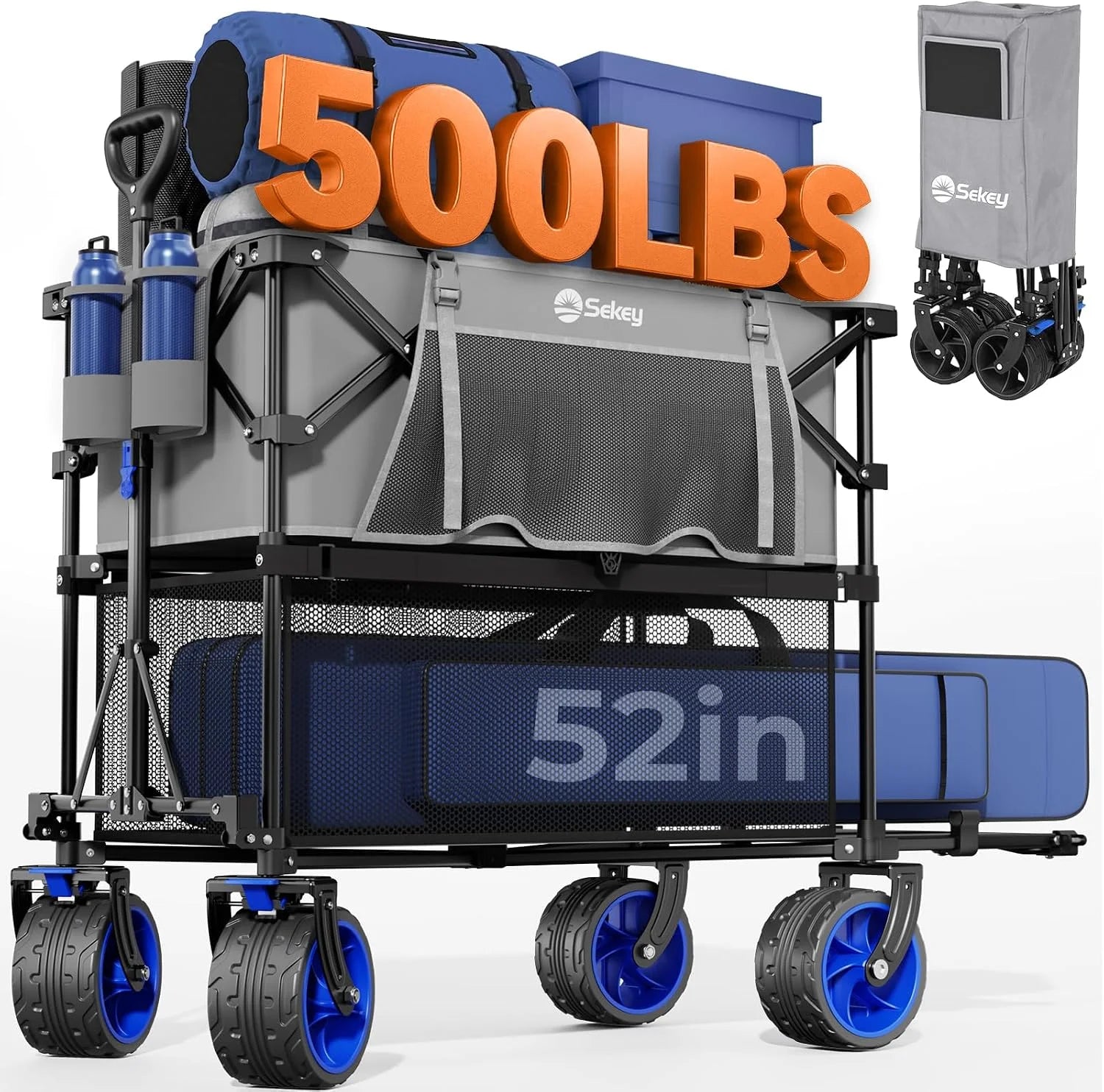 Sekey Double Decker Wagon, 500LBS Heavy Duty Collapsible Utility Cart with 400L Capacity & Extended Lower Shelf - Image 5