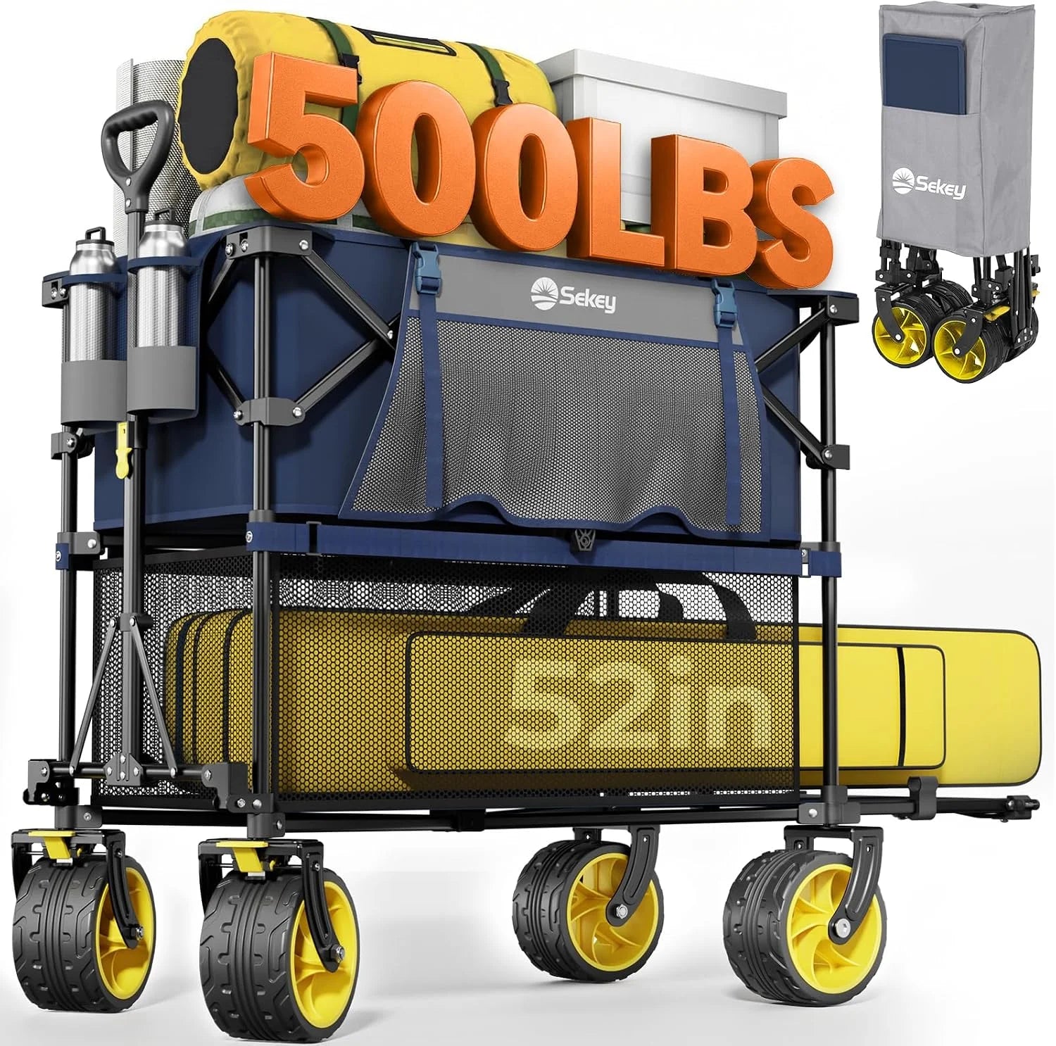 Sekey Double Decker Wagon, 500LBS Heavy Duty Collapsible Utility Cart with 400L Capacity & Extended Lower Shelf - Image 4